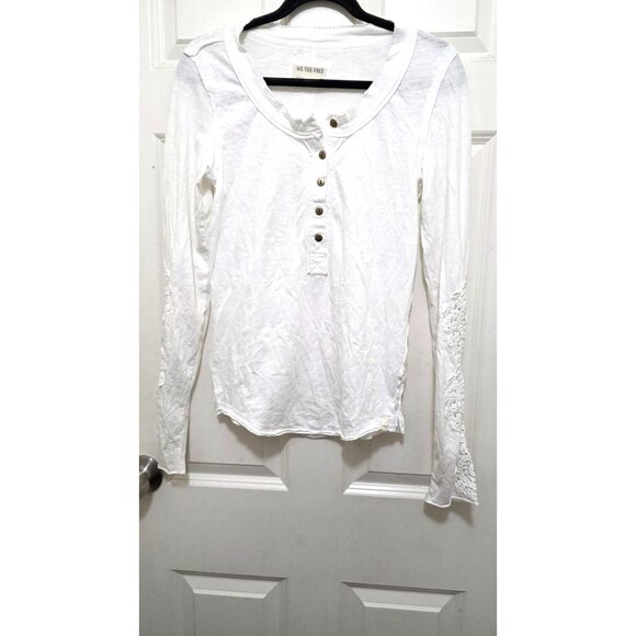 We The Free White Long-Sleeve Henley Thermal Top Crochet Sleeve Detail Womens M - Picture 1 of 6